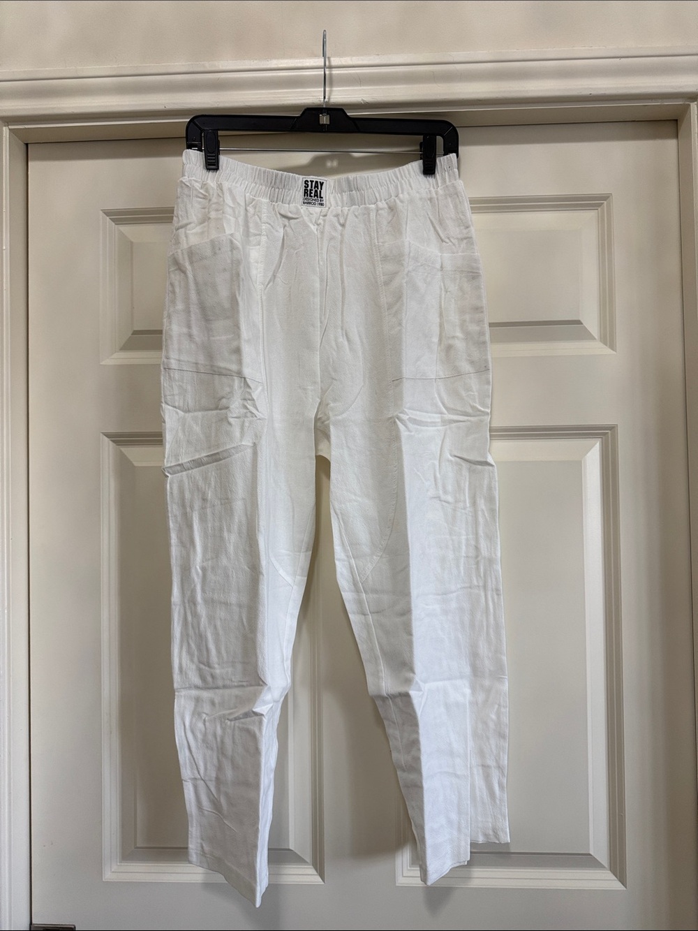 Women's White Elastic-Waist Capris, cotton/linen blend Size L
